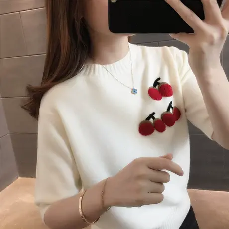 短袖圆领打底针织衫女常规2023春季新款小个子短袖毛衣宽松甜美潮图片