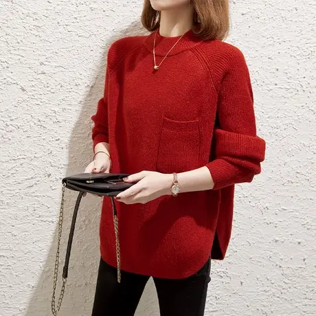 半高领红色毛衣女加厚打底衫2023秋冬新款套头宽松针织衫内搭上衣商品大图