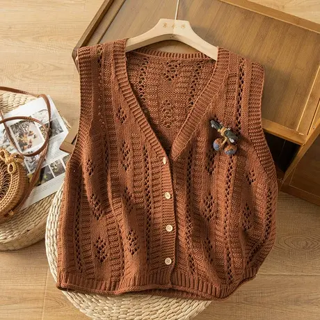 享永子全棉针织马夹马甲文艺复古棉线镂空上衣女春秋外套2023新款商品大图