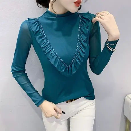 2023春秋新款荷叶边网纱T恤女长袖内搭半高领打底衫气质修身上衣商品大图