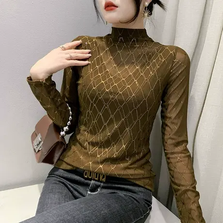 性感网纱上衣女长袖洋气内搭半高领打底衫春秋别致镂空烫钻上衣服商品大图