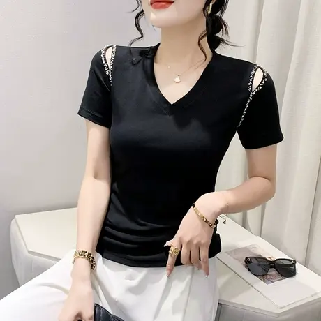 性感V领露肩T恤女短袖洋气纯色百搭上衣显瘦修身小衫别致钉珠半袖商品大图