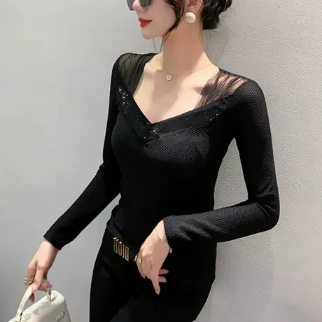 性感网纱拼接上衣女长袖气质烫钻V领T恤秋装欧货修身百搭打底衫潮图片