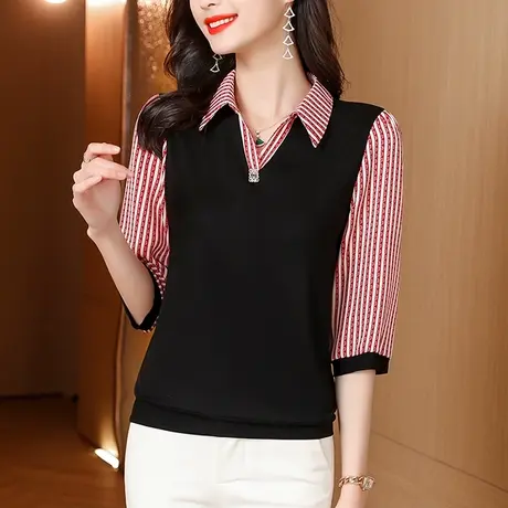 大码翻领宽松上衣2023年春夏新款条纹拼接polo领中袖气质雪纺衫女商品大图