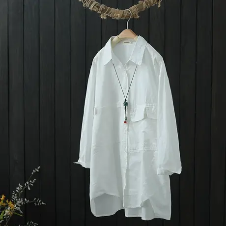 设计感小众纯色长袖白衬衫女中长款春秋休闲百搭上衣气质全棉衬衣商品大图