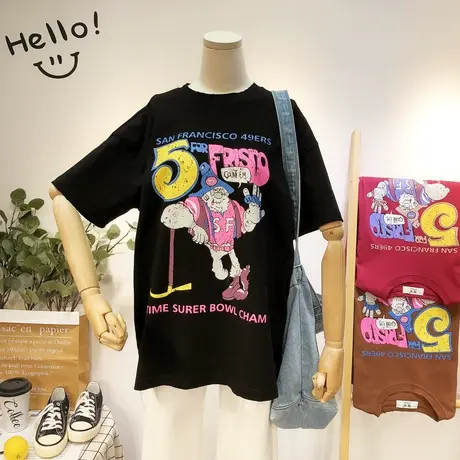 2020夏季短袖女韩国东大门ins潮复古港风短袖宽松休闲体恤衫大码图片