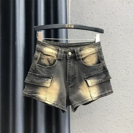 个性口袋设计工装a字阔腿裤复古撞色热裤女早秋新款显瘦牛仔短裤图片