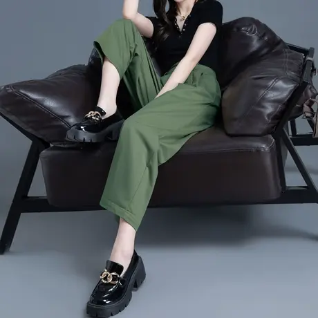 天丝绿色裤子女夏季薄2023新款冰丝女裤休闲哈伦裤直筒九分西装裤图片