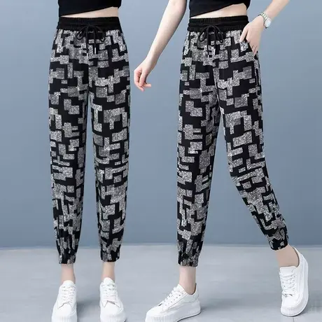 格纹哈伦裤女高腰九分裤夏季薄款2023年新款时尚百搭冰丝束脚裤子图片