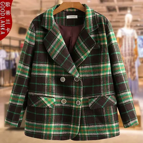 加肥加大码中年妈妈秋冬加厚毛呢外套宽松洋气妈妈装格子西装外套商品大图