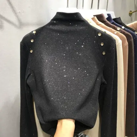 半高领德绒保暖修身打底衫长袖t恤女秋冬内搭加绒加厚洋气上衣服商品大图