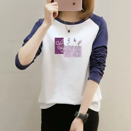 撞色拼接长袖t恤女纯棉上衣2022年春秋新款流行打底小衫体恤外穿商品大图