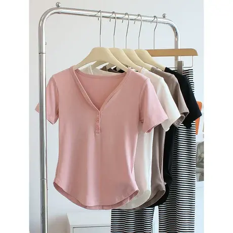 修身短款莫代尔t恤女夏显瘦V领高腰打底衫瑜伽舞蹈服短袖运动上衣商品大图