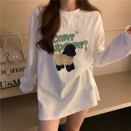 纯棉长袖t恤女春秋季2023新款宽松韩版大码白色内搭打底衫上衣ins商品大图