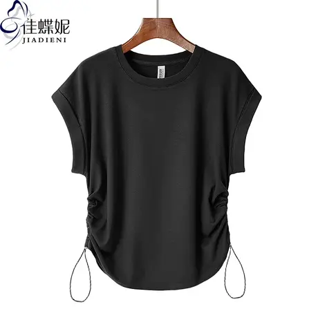 夏季新款圆领宽松休闲纯色简约纯棉抽绳落肩袖上衣内搭短袖女打底商品大图