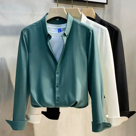 衬衫男长袖2023年春秋韩版潮流衬衣高级感丝光休闲寸衫男加绒加厚商品大图