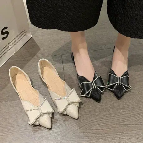 尖头单鞋女春秋中空新款百搭网红平底蝴蝶结一脚蹬仙女温柔豆豆鞋商品大图