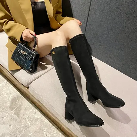 不过膝弹力长靴女粗跟2023秋冬新款方头绒面高筒靴显瘦百搭长筒靴商品大图