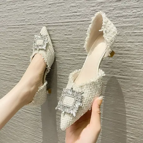 包头凉鞋女细跟2023年新款夏季细跟高跟鞋仙女风水钻浅口职业单鞋商品大图