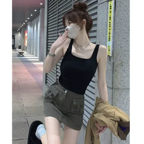 辣妹带胸垫美背小背心吊带上衣黑色内搭新款无袖防走光女运动外穿图片