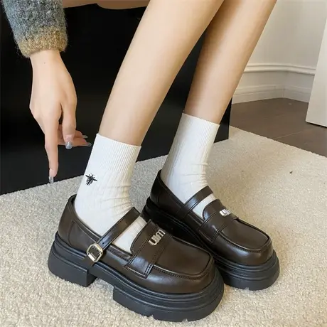 乐福鞋女2024春秋季新款复古英伦风厚底单鞋一字带气质粗跟小皮鞋商品大图