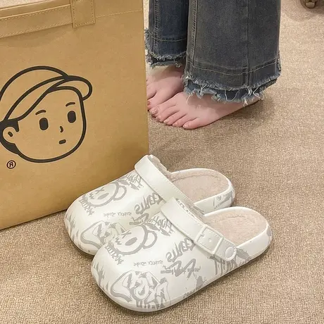 棉拖鞋女冬季可爱涂鸦室内外穿厚底防水防滑加绒保暖两穿包头拖鞋图片