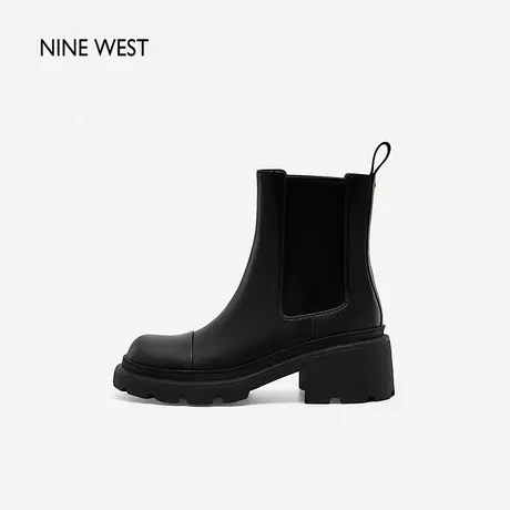Nine West/玖熙圆头粗跟厚底切尔西靴2023冬季新款真皮拼接短靴女图片