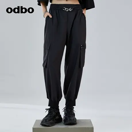 odbo/欧迪比欧时尚气质工装黑色休闲裤女春季新款束脚运动哈伦裤商品大图