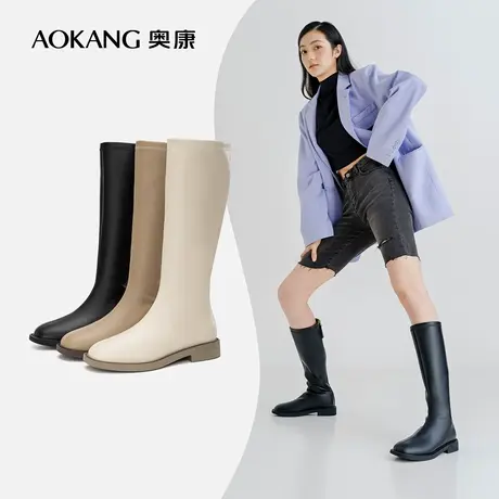 【官方直营】奥康2022冬新款不过膝长靴女长筒皮靴显瘦时尚骑士靴图片