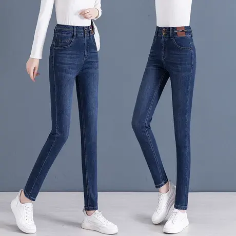 秋冬加绒小脚牛仔裤女高腰显瘦2023新款双扣直筒弹力紧身铅笔裤潮商品大图