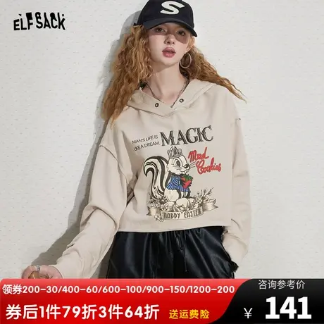 妖精的口袋连帽卫衣女2023秋季新款印花短款小个子宽松长袖上衣潮商品大图
