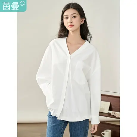 【商场同款】茵曼纯棉衬衣2023秋季女装新款V领落肩长袖宽松上衣商品大图