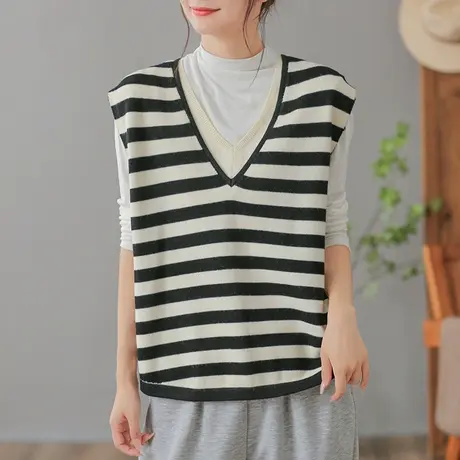 dza 复古条纹宽松V领针织马甲女春秋内搭上衣休闲工字毛衣马夹女商品大图