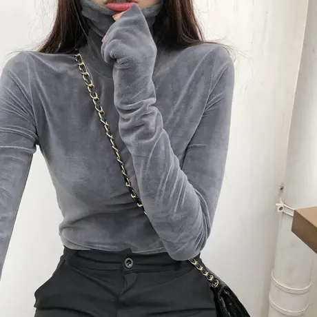 高领内搭时尚洋气百搭长袖加绒保暖上衣春秋冬季金丝绒打底衫女潮商品大图