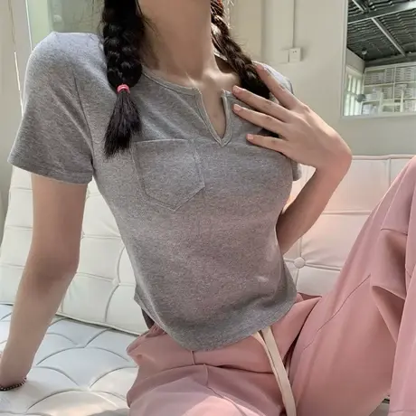 纯欲chic露脐短款正肩T恤夏季新款别致甜辣妹正肩修身短袖上衣女商品大图