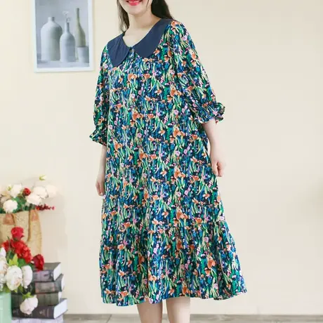 胖妹妹夏季气质撞色假日花朵裙加大码2023新款纯棉连身裙200斤女商品大图