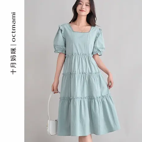 十月妈咪孕妇连衣裙2025新款夏季薄款外穿方领后背蝴蝶结短袖长裙图片