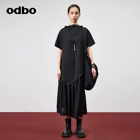 odbo/欧迪比欧时尚下摆不规则拼接连衣裙2024新款女夏季中长裙子图片