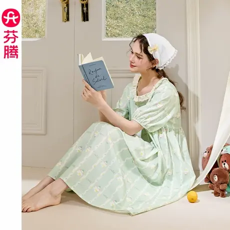 芬腾新款睡裙女夏季薄款短袖睡衣裙可爱布朗熊休闲大码家居裙中裙图片