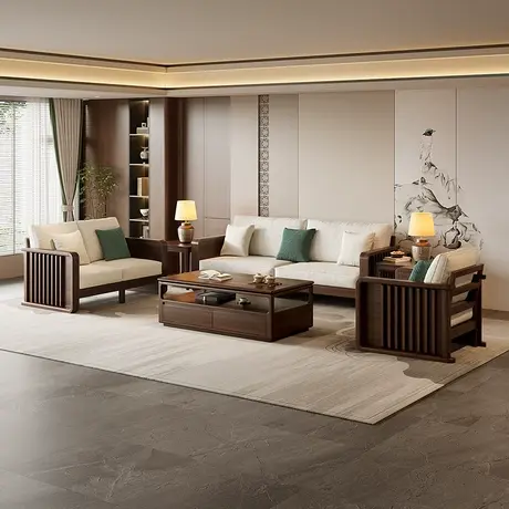 全友DW8083风华系列新中式小户型客厅实木框架沙发商品大图