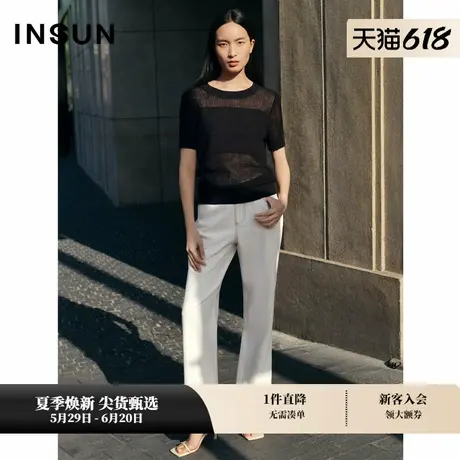 INSUN恩裳专选夏季圆领短袖黑色镂空针织衫图片