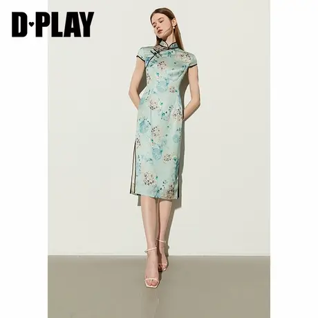 DPLAY夏新中式国风蓝色印花立领斜门襟撞色盘扣下摆侧开衩旗袍裙图片