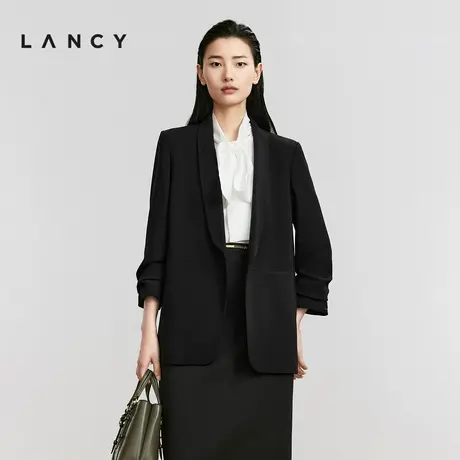 LANCY/朗姿2024春季新款长袖直筒醋酸黑西装女中长款简约通勤外套图片