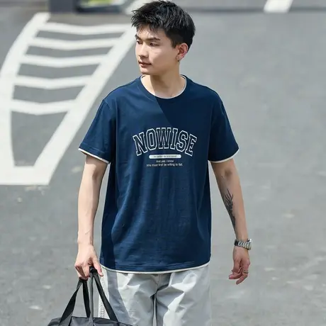 唐狮夏新款男短袖T恤假两件拼接学院风字母印花学生宽松半袖商品大图