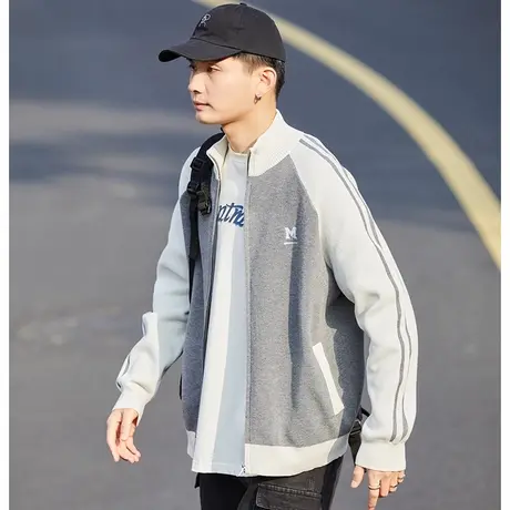 唐狮立领毛衣开衫外套男春季新款拉链针织衫插肩袖拼接男上衣图片