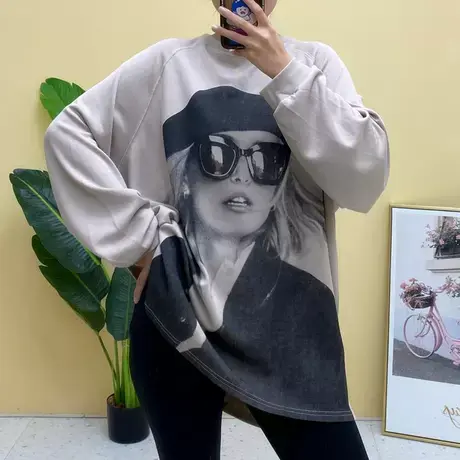 中长款印花人物t恤卫衣女秋季圆领上衣欧货宽松百搭长袖打底衫潮商品大图