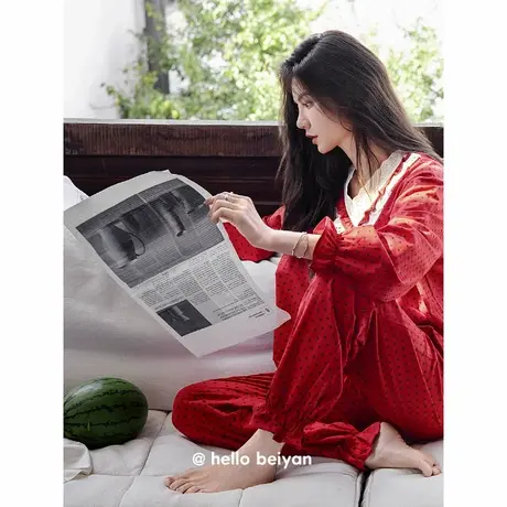 贝妍新婚睡衣女春秋新款V领柔软棉长袖家居服大码本命年红色套装商品大图