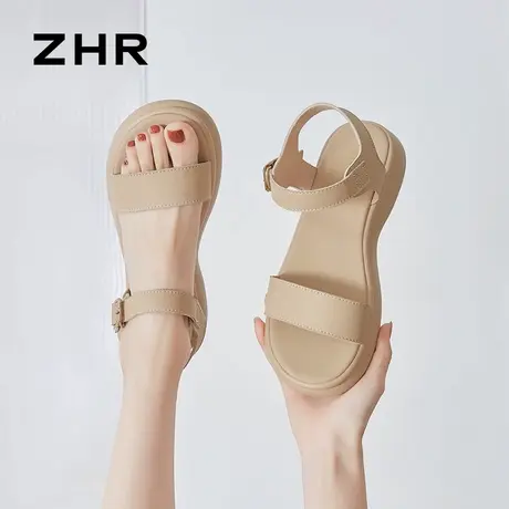 ZHR一字带凉鞋女2025夏新款外穿真皮软底不累脚沙滩鞋轻便平底鞋商品大图