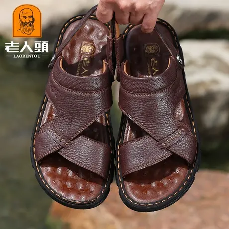 老人头凉鞋男2025夏季新款牛皮休闲凉拖鞋男防滑厚底真皮沙滩鞋男商品大图
