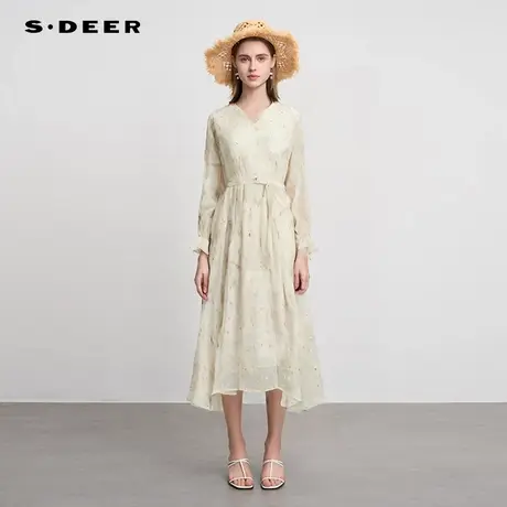 sdeer圣迪奥女装复古V领收腰印花不规则连衣裙S243Z1216图片